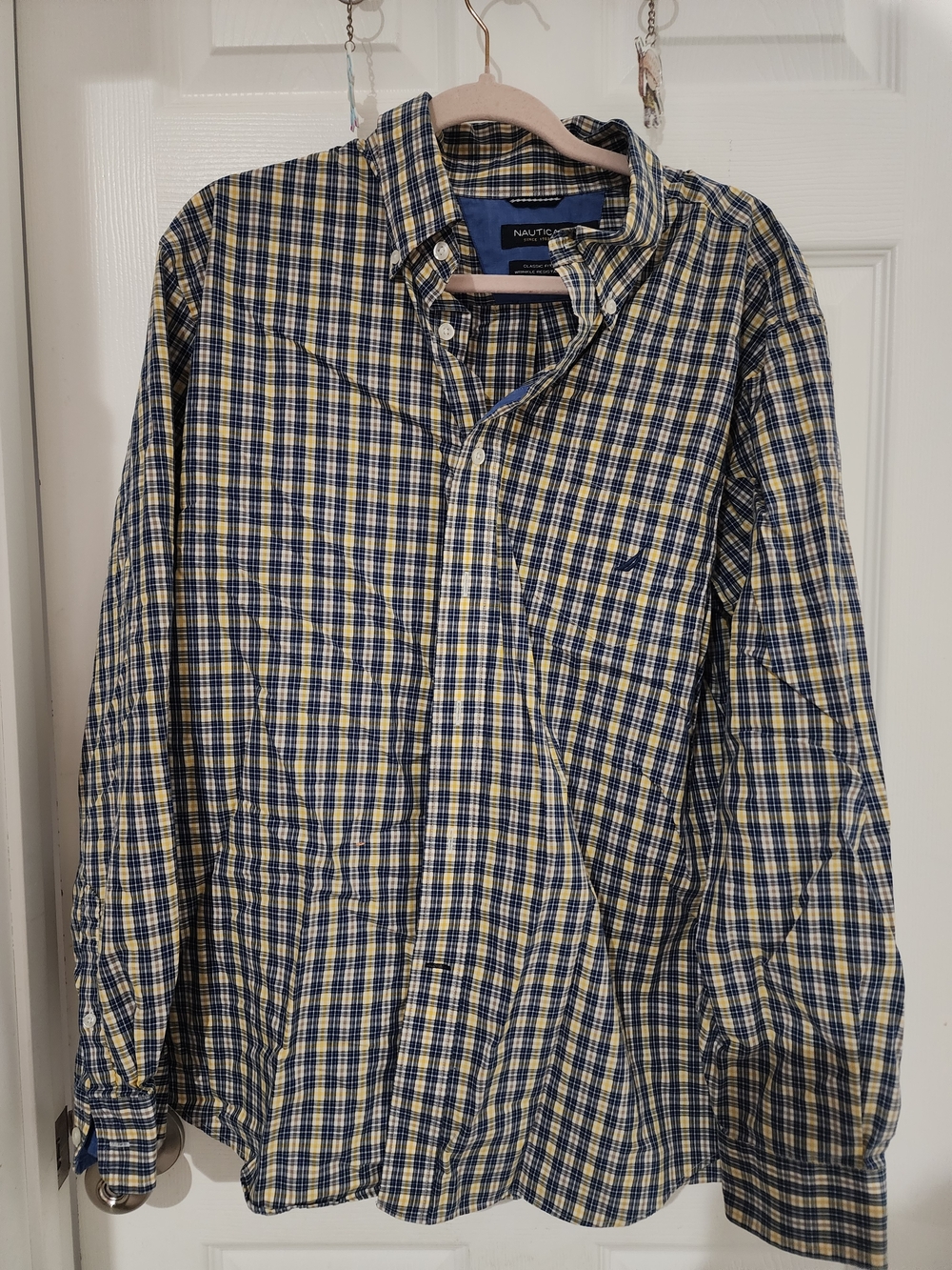 Nautica Men’s Yellow and Navy Plaid Button-Down Shirt